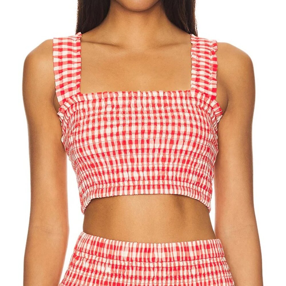 NWT RHODE TANYA GINGHAM SMOCKED TUBE STYLE TOP IN SCARELET TOULOUSE GINGHAM